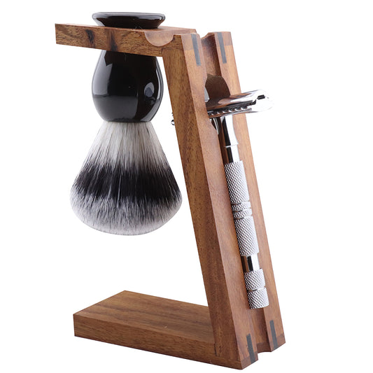 Elegant Wooden Dual Stand for Shaving Brush & Razor