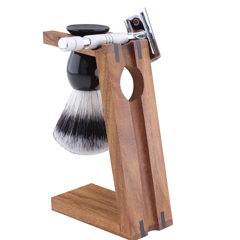Elegant Wooden Dual Stand for Shaving Brush & Razor