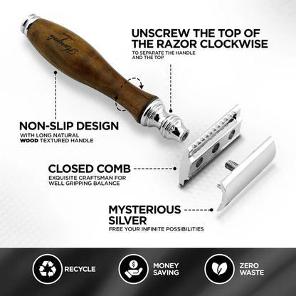 OBH Double Edge Safety Razor in Black, Ivory & Wood Handles