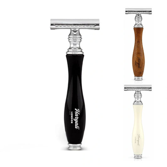 OBH Double Edge Safety Razor in Black, Ivory & Wood Handles