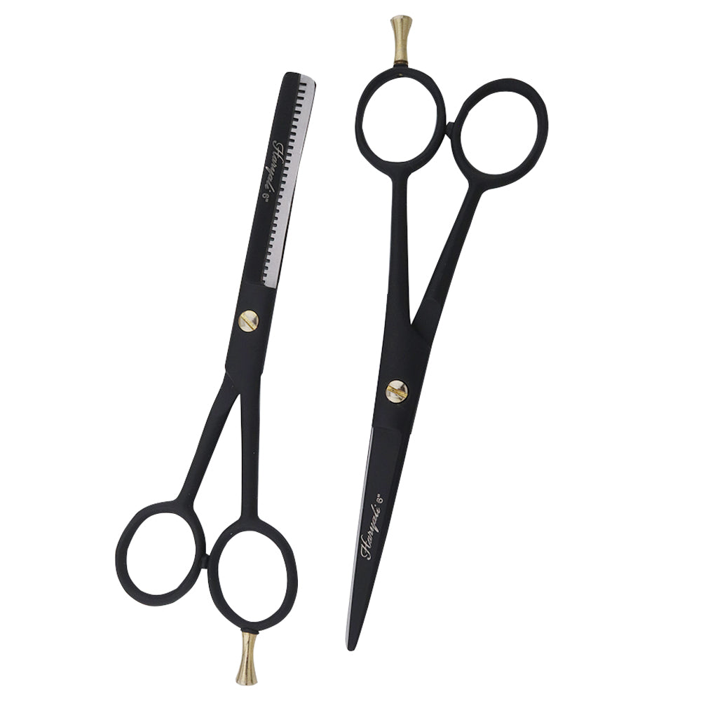 Black 6 Inch Hairdressing Barber Scissors & Thinning Scissors Set