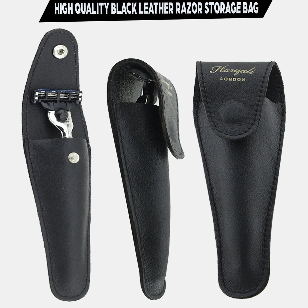 Black Leather Razor Pouch Travel Case for 5 Blade Razors - HARYALI LONDON
