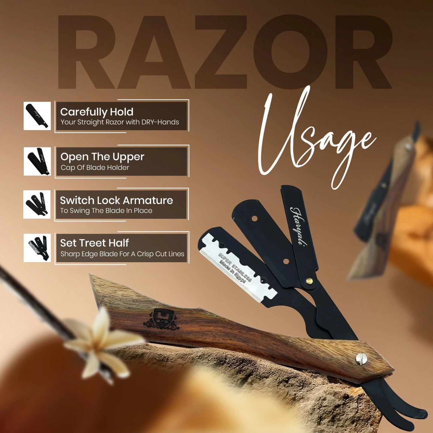 Wooden New Hocky Cut Throat Replaceable Blade Razor - HARYALI LONDON